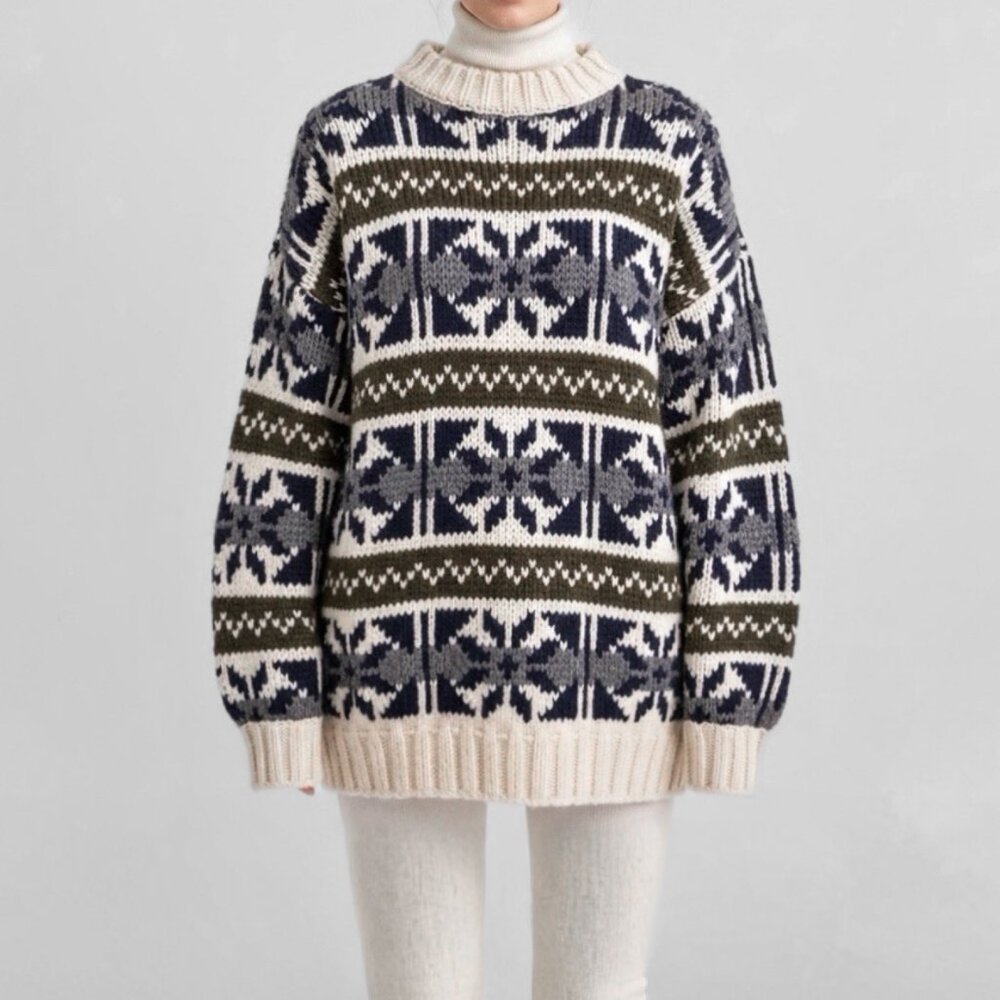 Vintage 100% Wool Scandi Nordic Sweater Cabincore Apres Ski Blue Cream Fair Isle